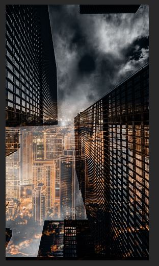 black and white skyline under black and white image woman